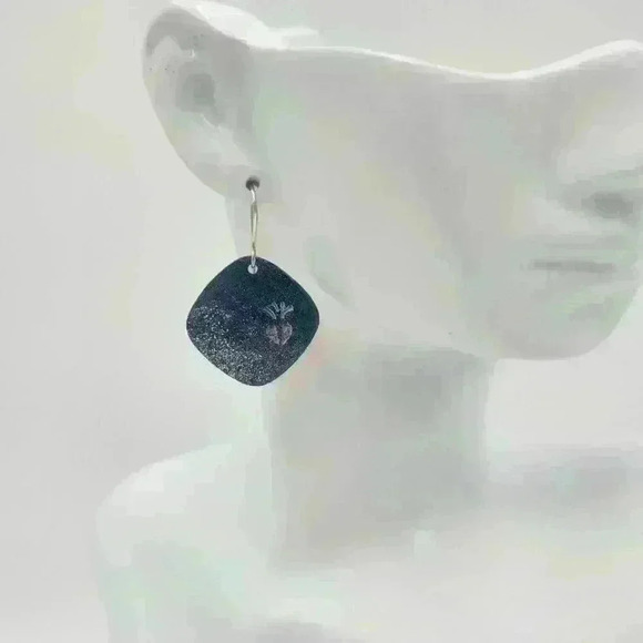 Handcrafted Deep Blue Earrings with a‎ Spattering of Silver & Tiny Fleur-De-Lis - Picture 1 of 6